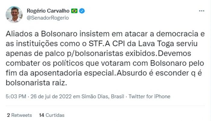 Absurdo é esconder que é bolsonarista raiz”, dispara Rogério numa indireta a Alessandro Vieira