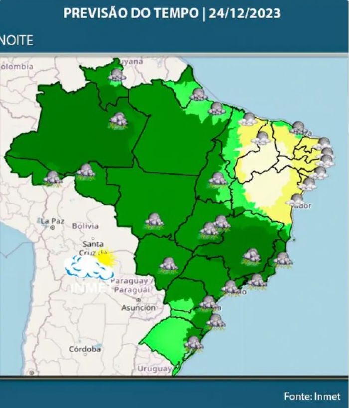 Noite de Natal pode ser chuvosa na maior parte do país. Sergipe previsão de céu parcialmente nublado